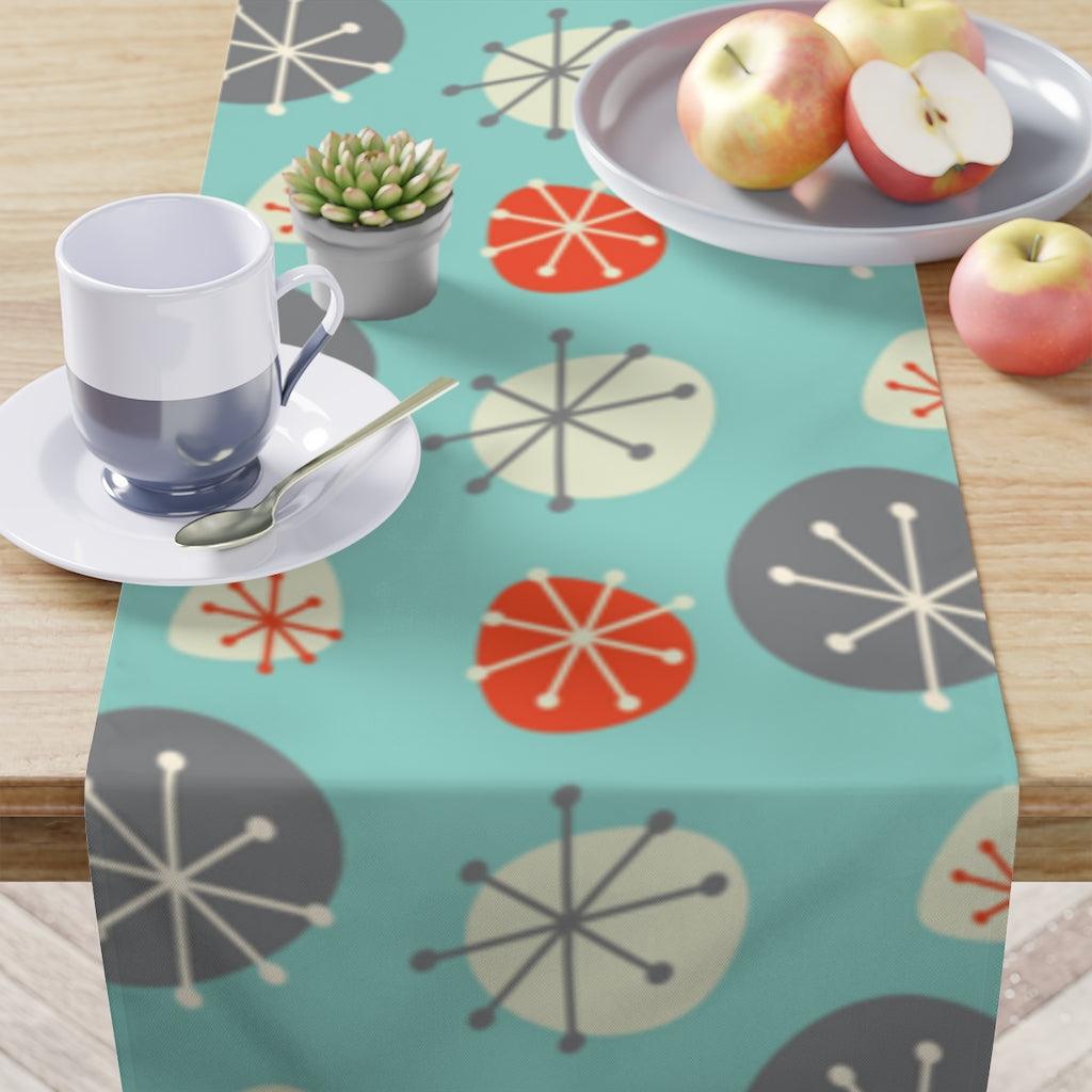 Mid Century Mod Christmas Table Runner, Blue, Grey and Orange Starbursts | lovevisionkarma.com