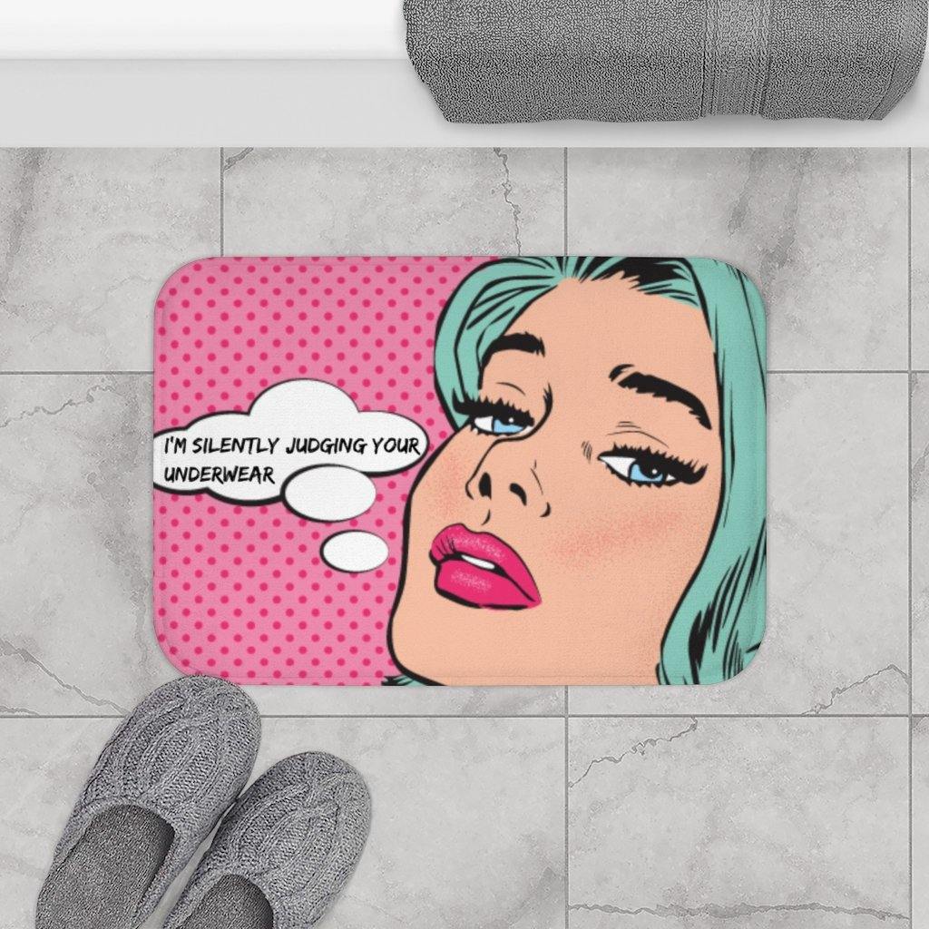 "Silently Judging" Comic Pop Art Funny Bath Mat | lovevisionkarma.com