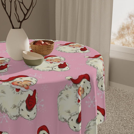 Pink Christmas Retro Winking Santa MCM Tablecloth | lovevisionkarma.com