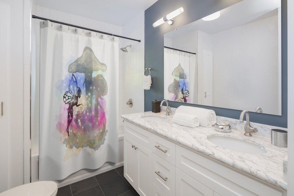 Fairy and Toad Stool Watercolor Style Whimsical Shower Curtain | lovevisionkarma.com