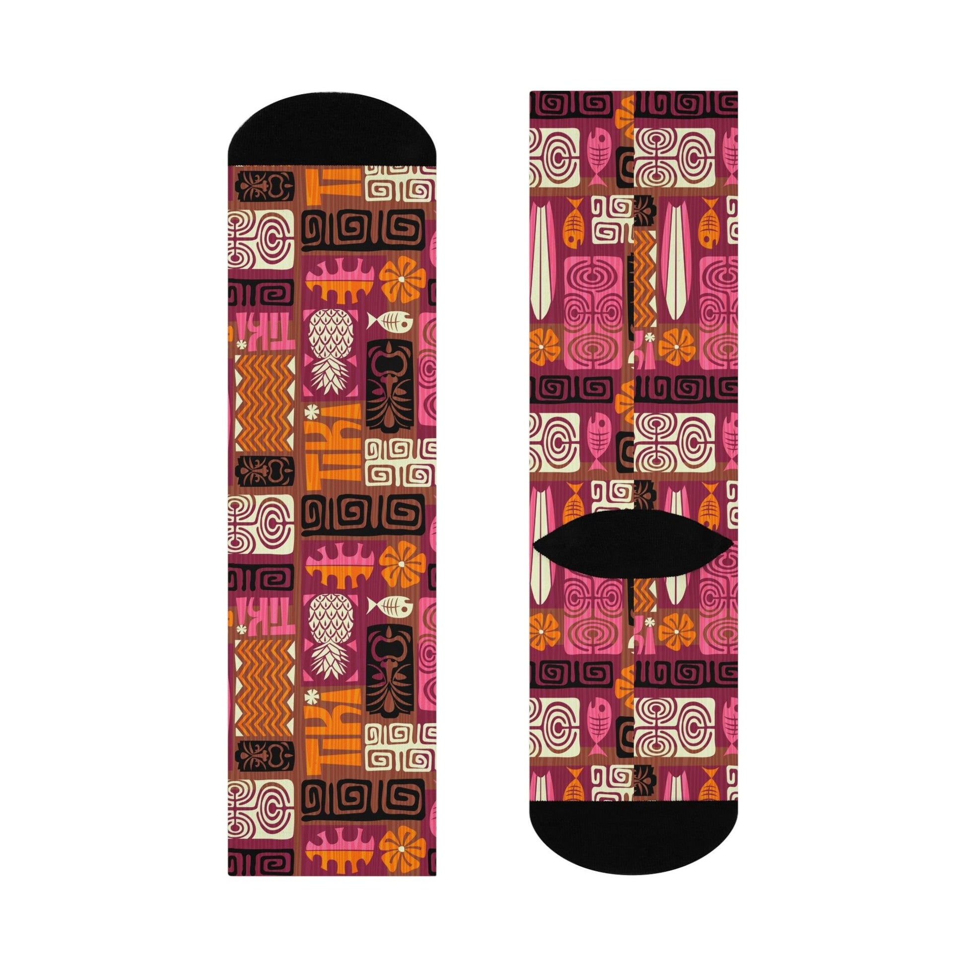 Retro Tiki 1960s Funky MCM Brown, Orange & Pink Cushioned Crew Socks | lovevisionkarma.com