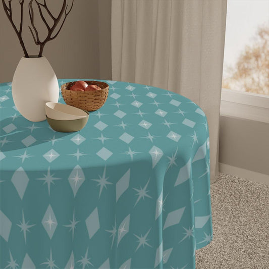Mid Century Bursts & Diamonds Blue Square Tablecloth | lovevisionkarma.com