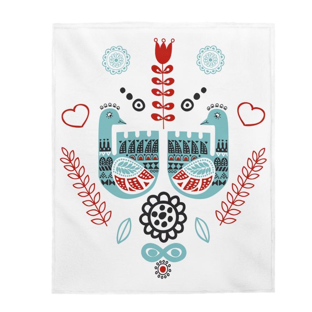 Scandinavian Nordic Folk Art Peacock Love Birds Lightweight Velveteen Blanket | lovevisionkarma.com
