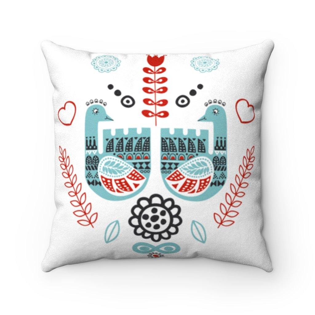 Scandinavian Nordic Folk Art Blue & Red Peacock Love Birds Pillow | lovevisionkarma.com