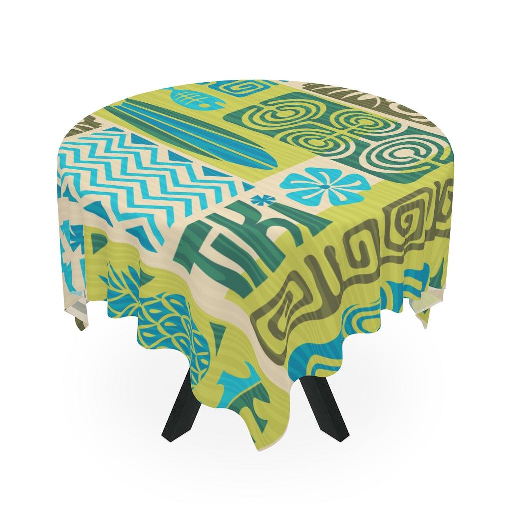 Retro Tiki Mid Century Mod Square Tablecloth in Green and Blue | lovevisionkarma.com