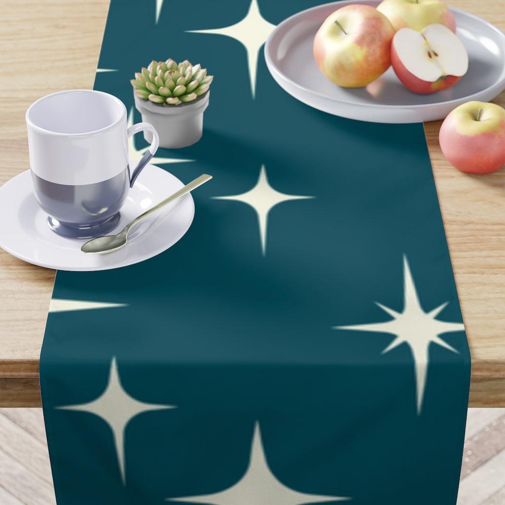 Retro 50s Starburst MCM Atomic Age Blue Table Runner | lovevisionkarma.com