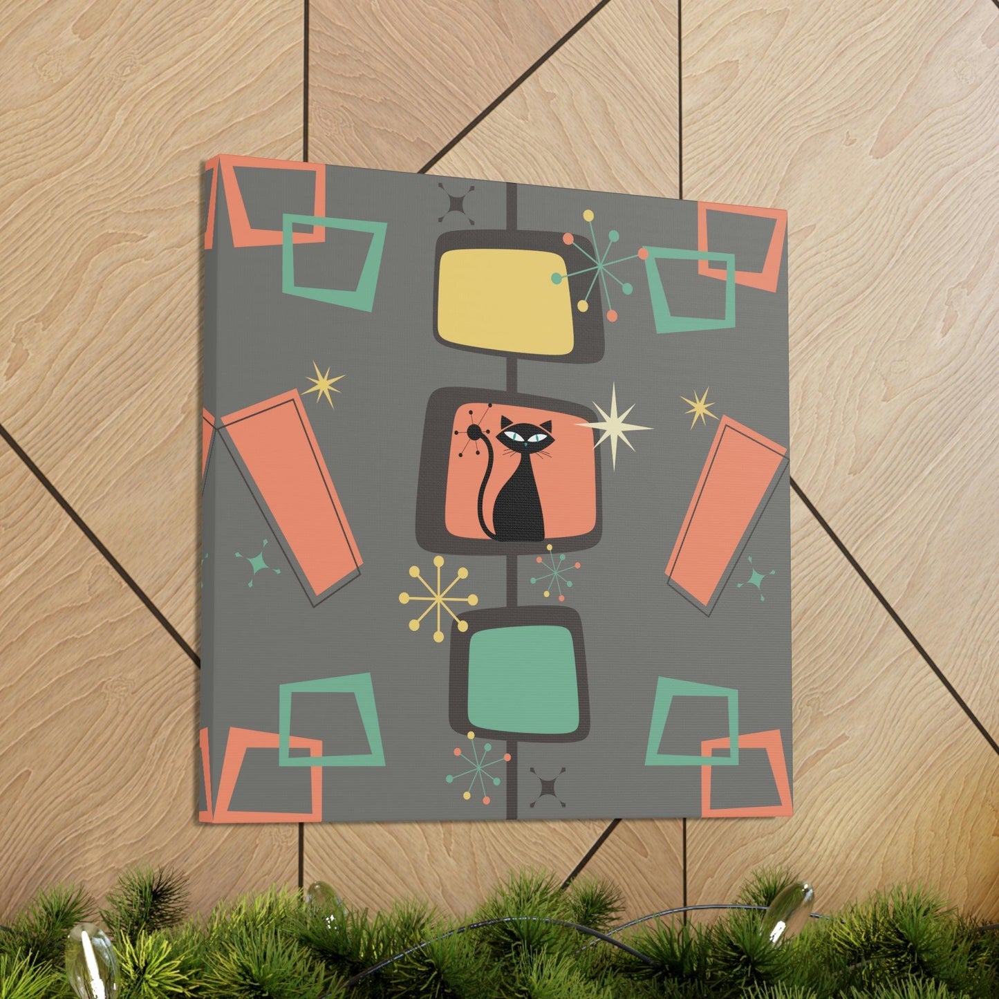 Retro Atomic Cat Mid Century Burst Chic Coral & Gray Canvas Gallery Wrap | lovevisionkarma.com