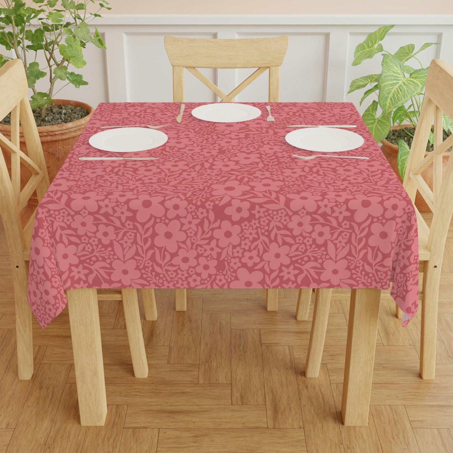 Retro Minimalist Flowers Mid Century Monochromatic Coral Pink Tablecloth | lovevisionkarma.com