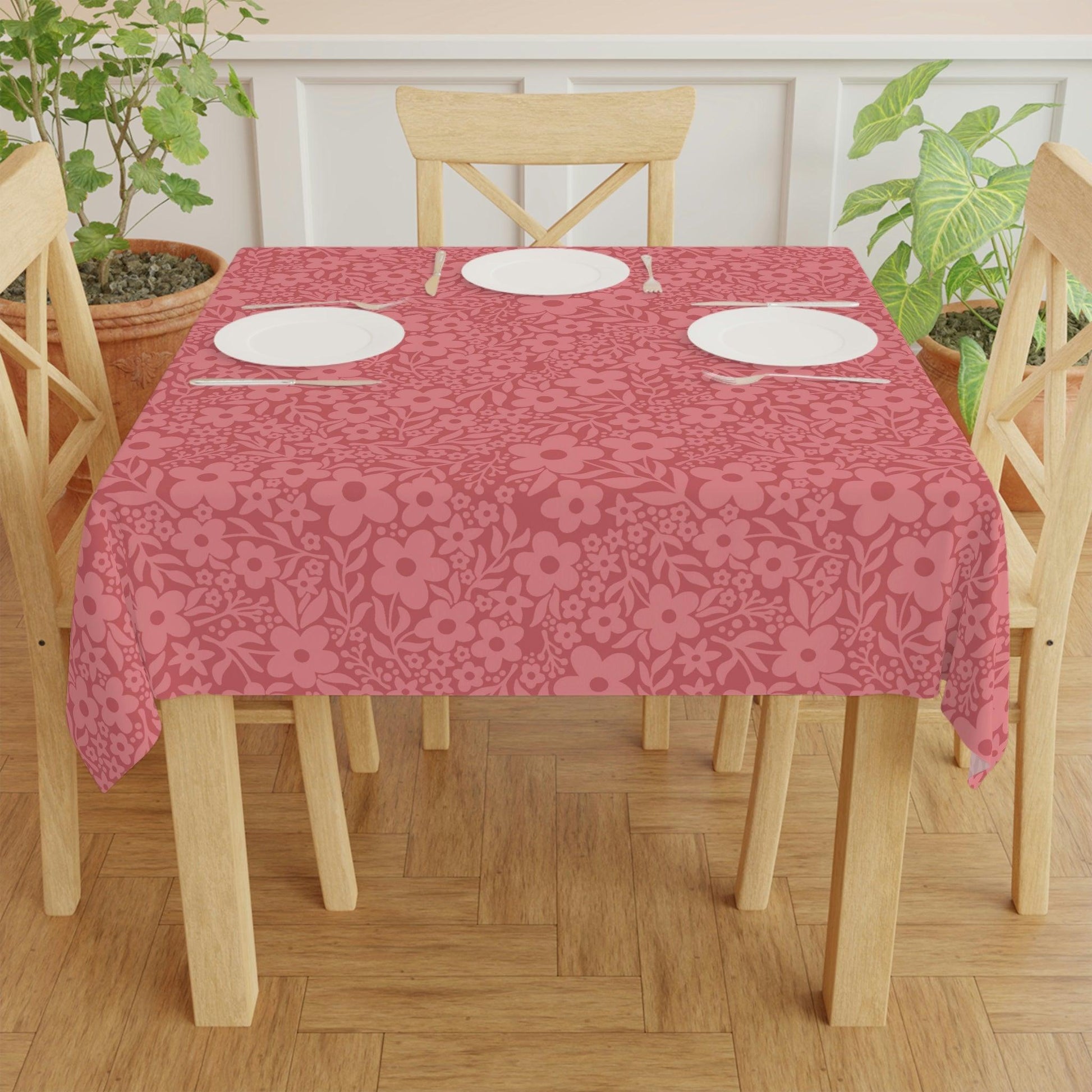 Retro Minimalist Flowers Mid Century Monochromatic Coral Pink Tablecloth | lovevisionkarma.com