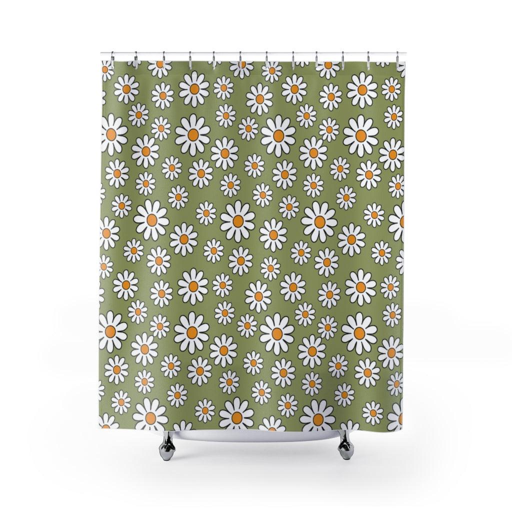 Retro Daisy Sage Green MCM Boho Shower Curtain | lovevisionkarma.com