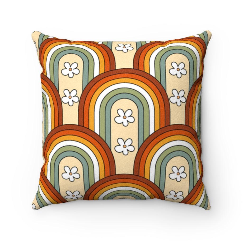 Boho Flowers and Retro Rainbows Multicolor MCM Pillow | lovevisionkarma.com