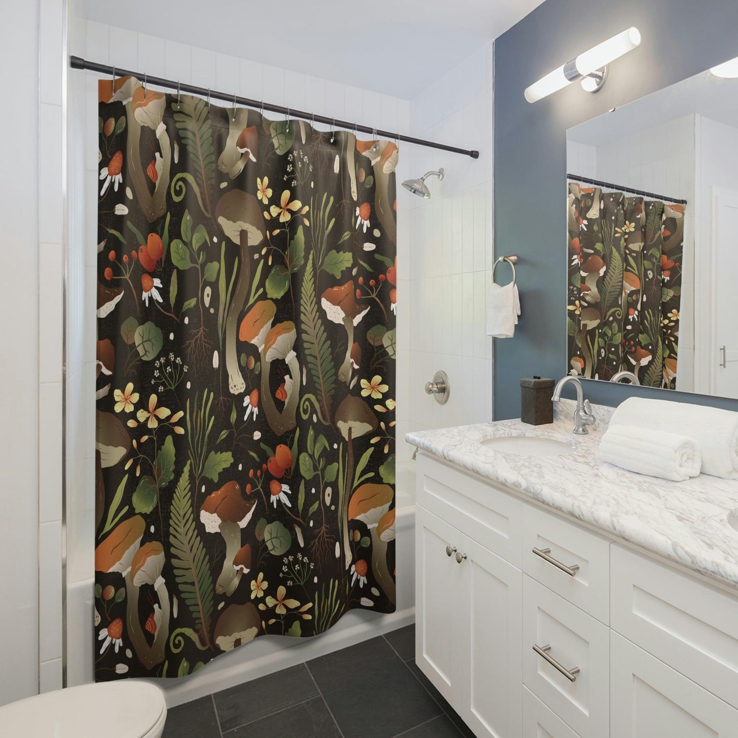 Mushroom and Snail Woodland Cottagecore Shower Curtain | lovevisionkarma.com