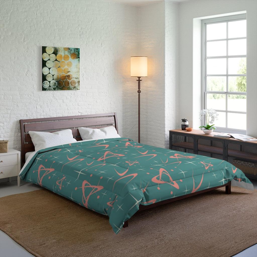 Atomic Age Boomerang and Starbursts Teal & Pink MCM Comforter | lovevisionkarma.com