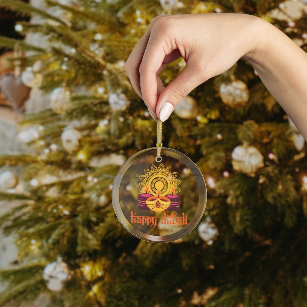 Happy Diwali Ornament, Diwali Home Decor, Diya & Mandala Design Glass Ornament | lovevisionkarma.com