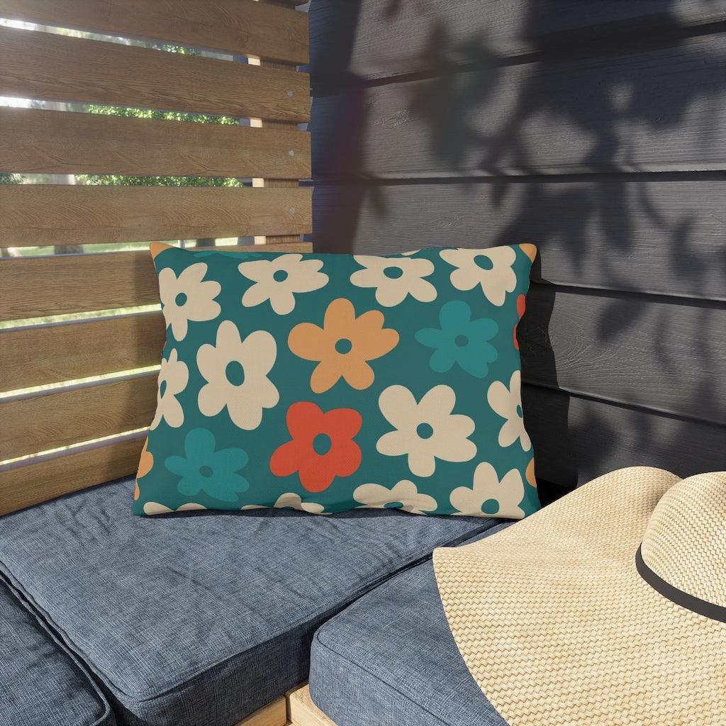 Boho Flowers Orange, Cream and Teal MCM Outdoor Pillow | lovevisionkarma.com
