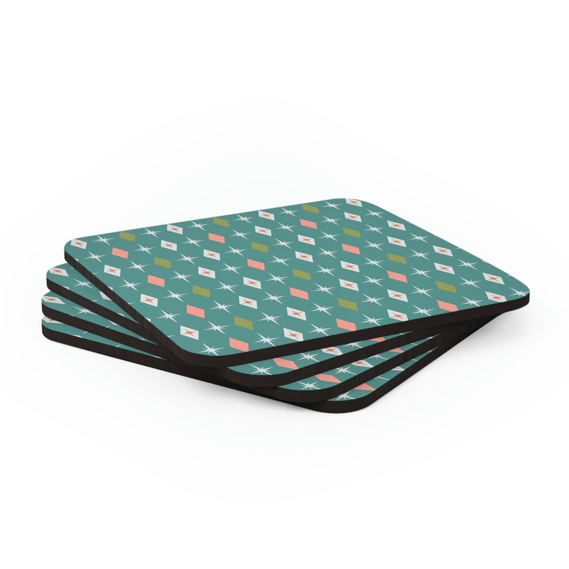 Retro 50s Mid Century Bursts and Diamonds Teal & Pink Coaster Set | lovevisionkarma.com