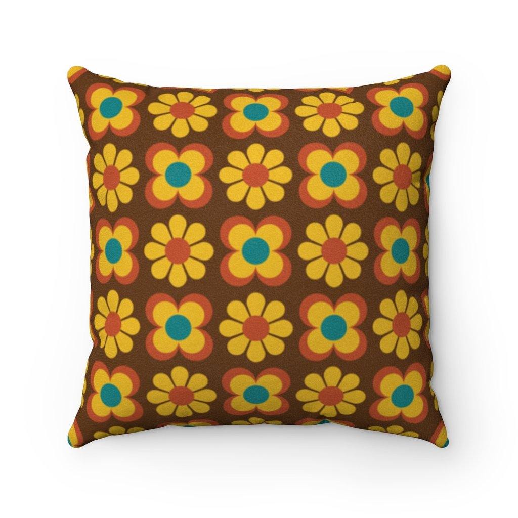 Retro 70s Mod Flowers Yellow & Brown MCM Pillow | lovevisionkarma.com