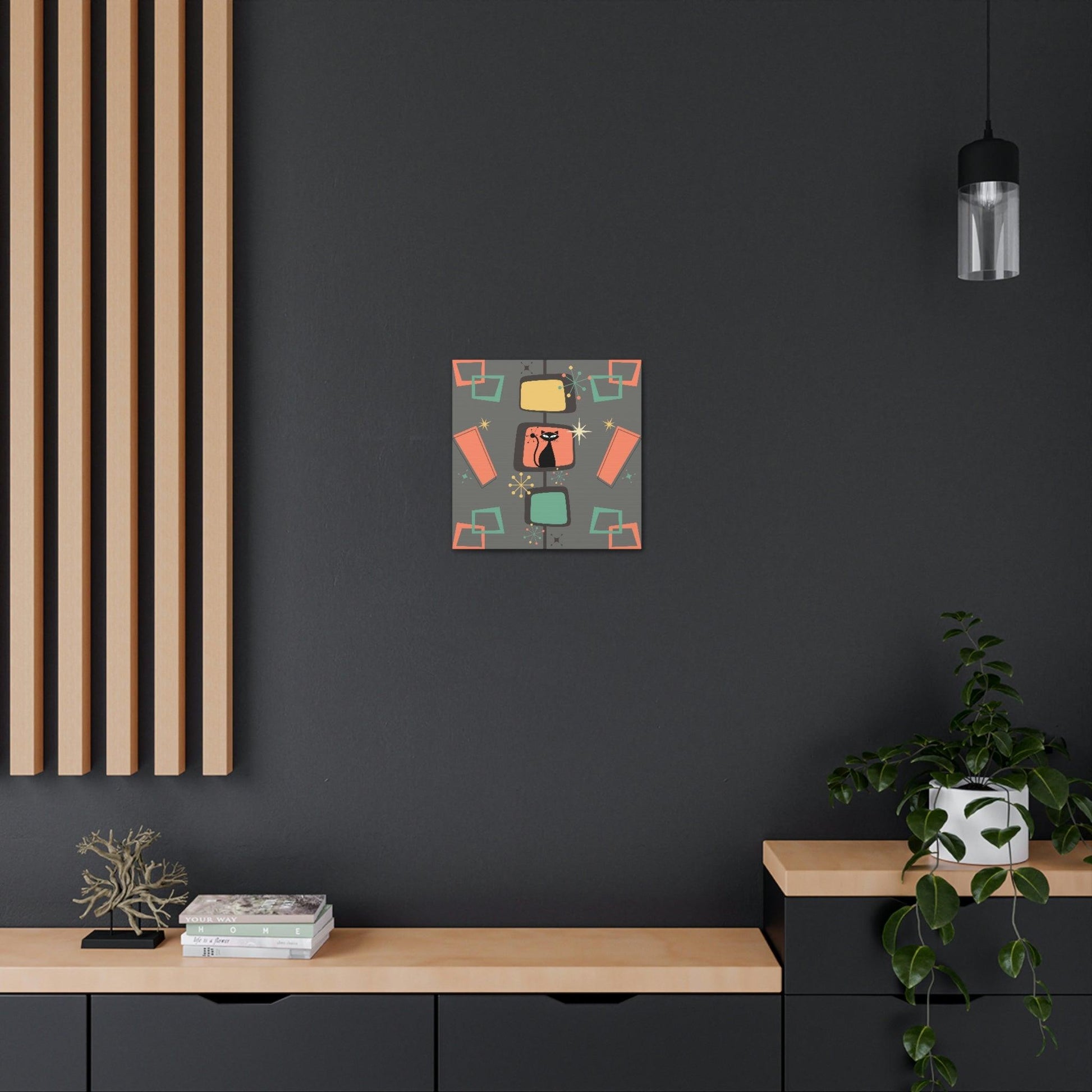 Retro Atomic Cat Mid Century Burst Chic Coral & Gray Canvas Gallery Wrap | lovevisionkarma.com