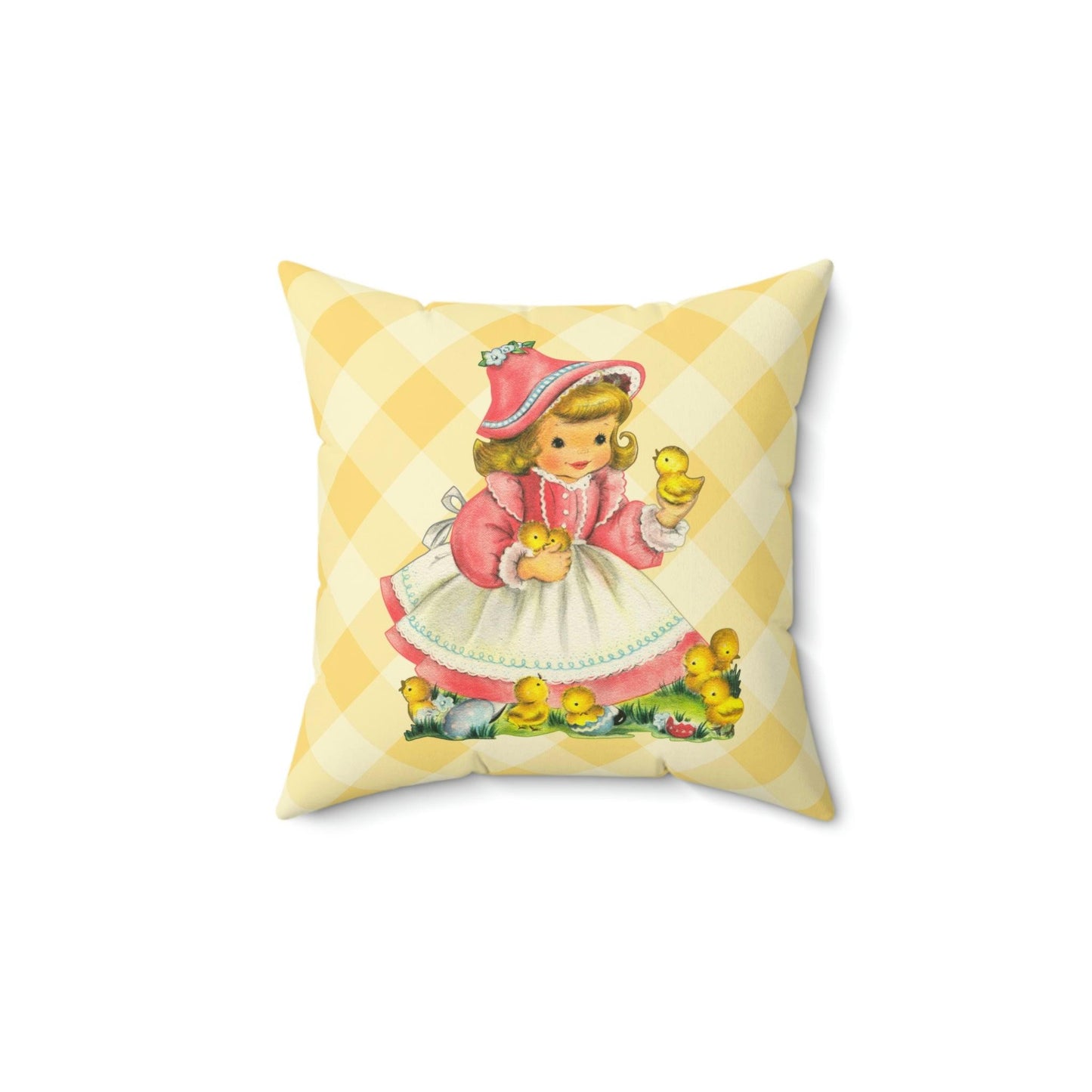 Retro Easter Vintage Girl with Chicks MCM Yellow Pillow | lovevisionkarma.com