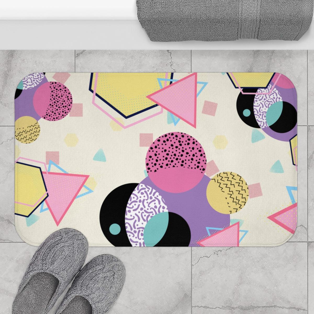 Retro 90's Aesthetic Multicolor Geometric Bath Mat | lovevisionkarma.com