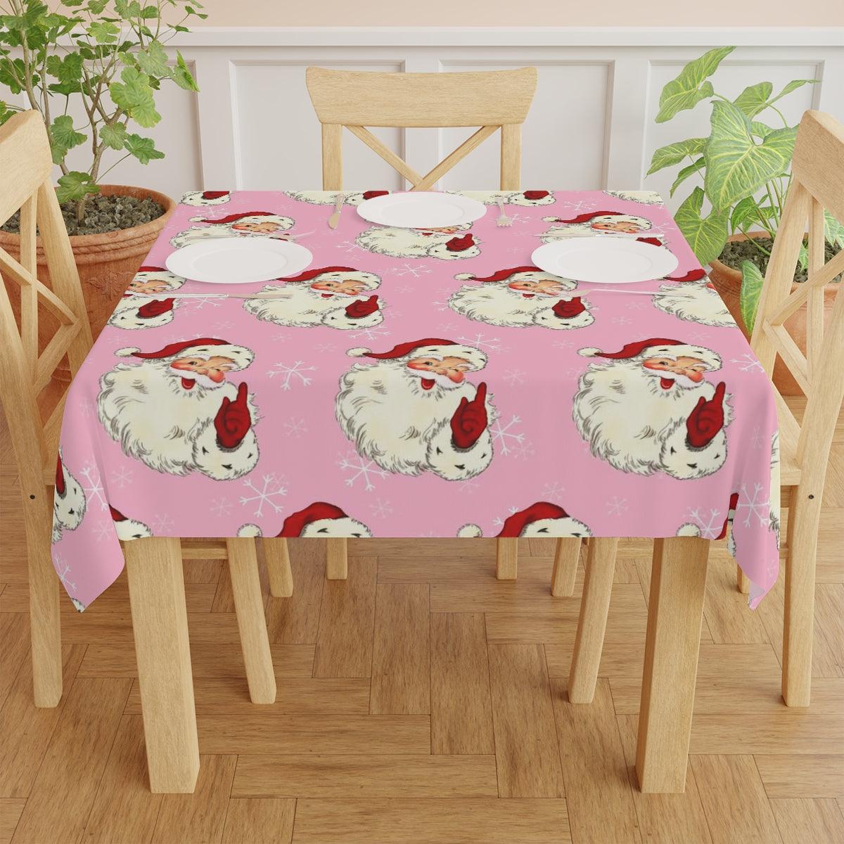 Pink Christmas Retro Winking Santa MCM Tablecloth | lovevisionkarma.com