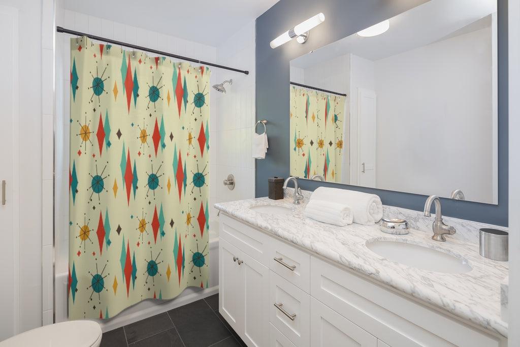 Retro 1950s Atomic Diamond Mid Century Modern Shower Curtain | lovevisionkarma.com