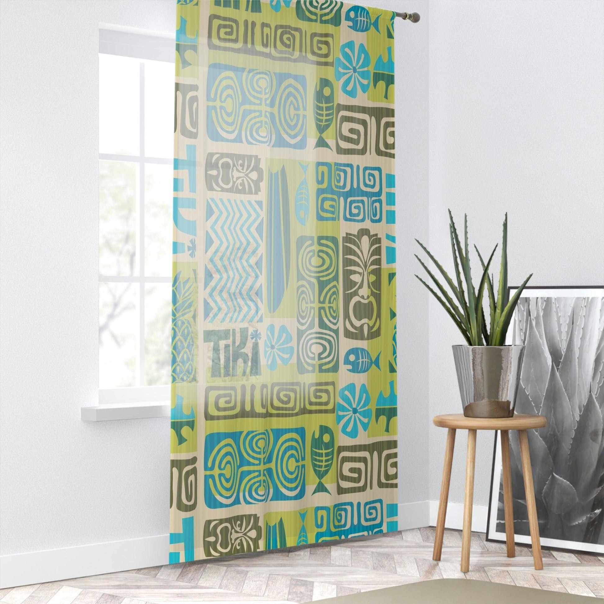 Retro 60's Tiki MCM Green and Blue Sheer Window Curtain | lovevisionkarma.com