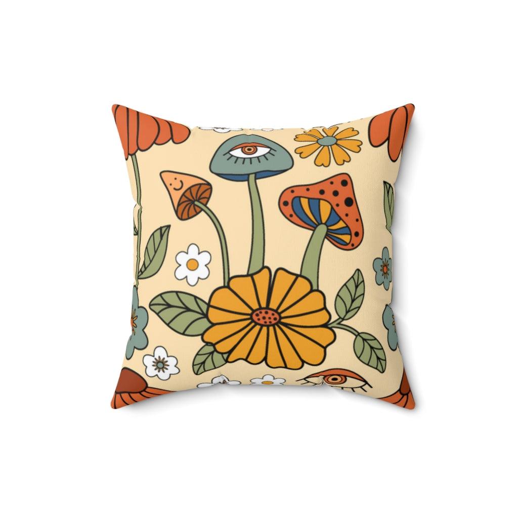 Boho Trippy Mushroom, Hippie Cottagecore MCM Pillow | lovevisionkarma.com