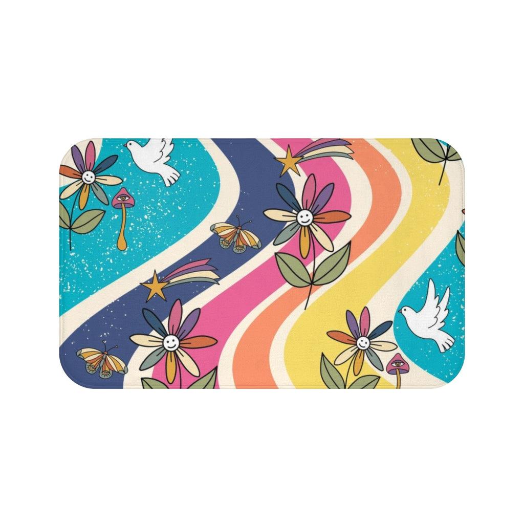Groovy Hippie Flowers and Boho Mushrooms Colorful Bath Mat | lovevisionkarma.com