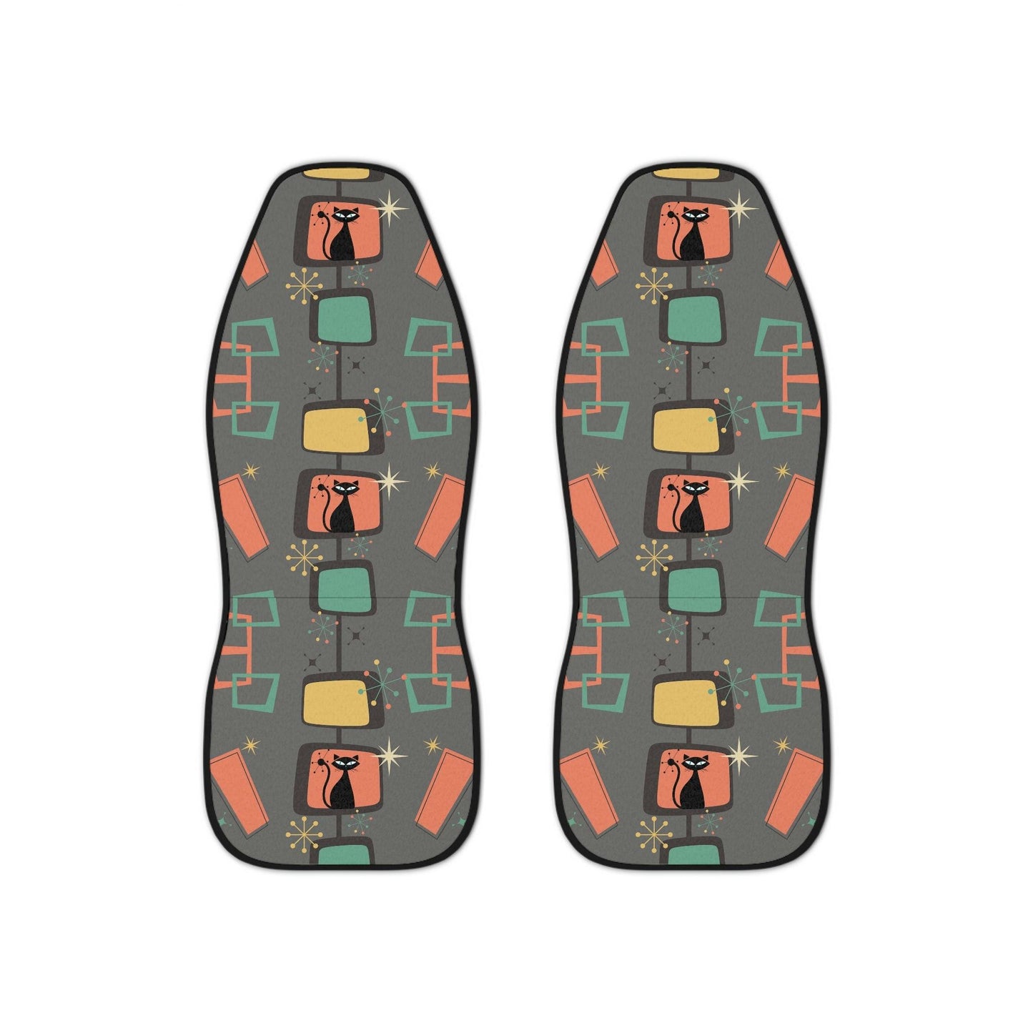Retro 50s Atomic Cat Mid Century Gray & Coral Car Seat Covers | lovevisionkarma.com