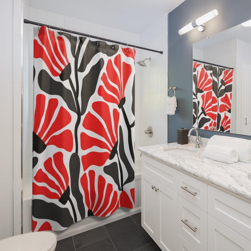 Groovy Retro Abstract Flowers MCM Red/Black/White/Gray Shower Curtain | lovevisionkarma.com