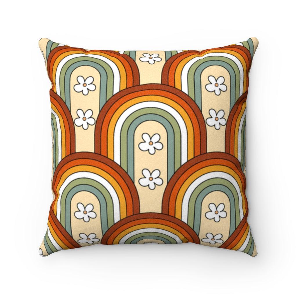 Boho Flowers and Retro Rainbows Multicolor MCM Pillow | lovevisionkarma.com
