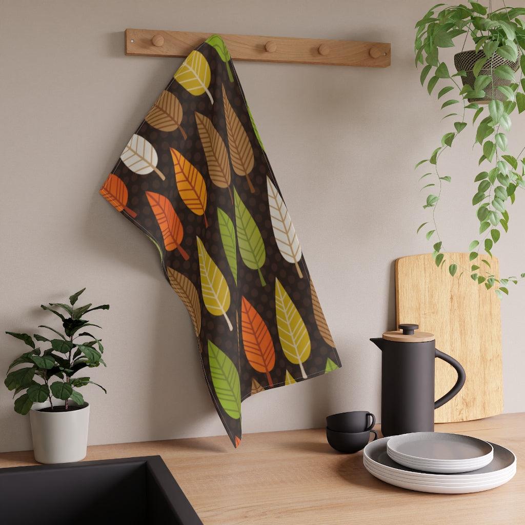 Retro Leaves MCM Brown, Orange & Green Cotton Kitchen Towel | lovevisionkarma.com