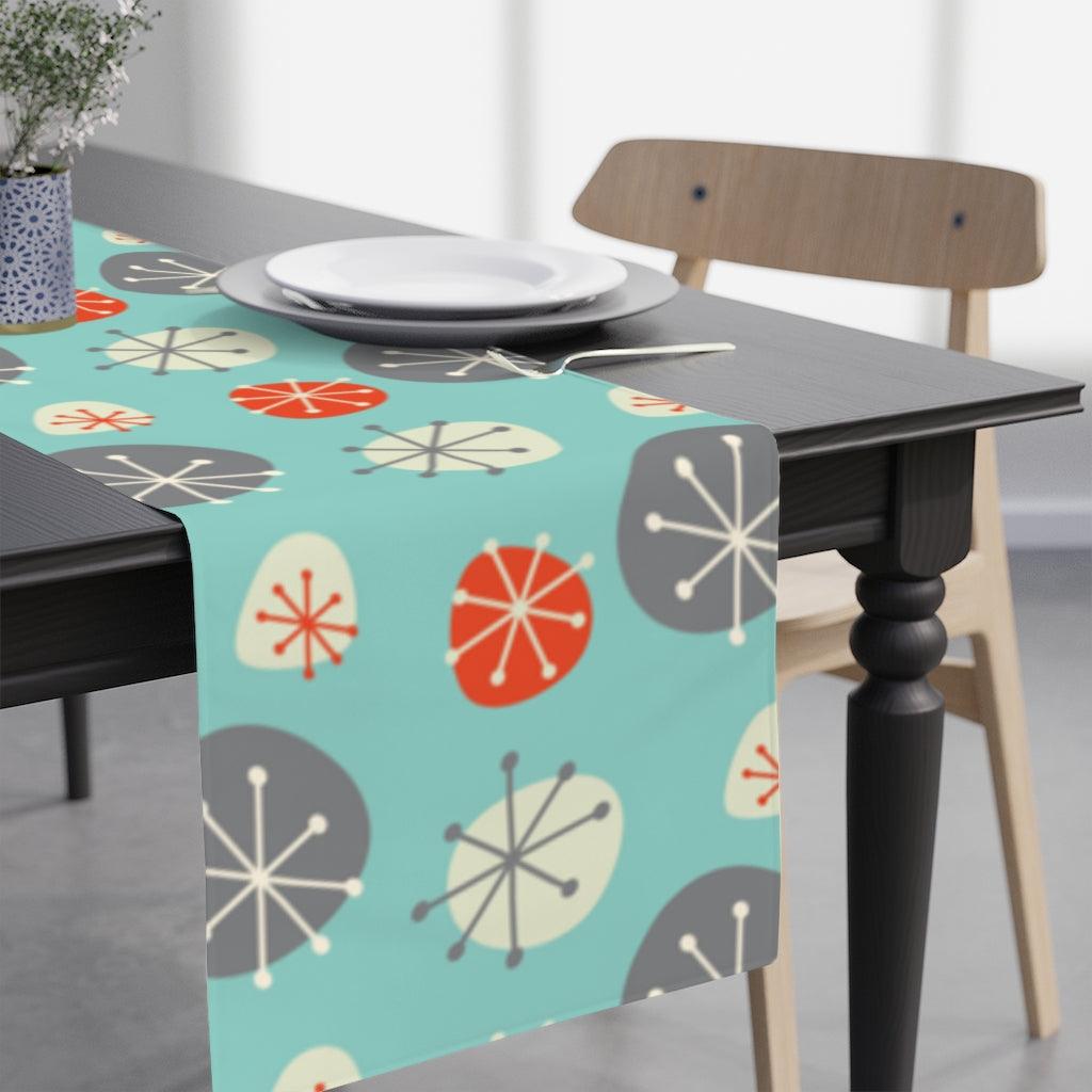 Mid Century Mod Christmas Table Runner, Blue, Grey and Orange Starbursts | lovevisionkarma.com