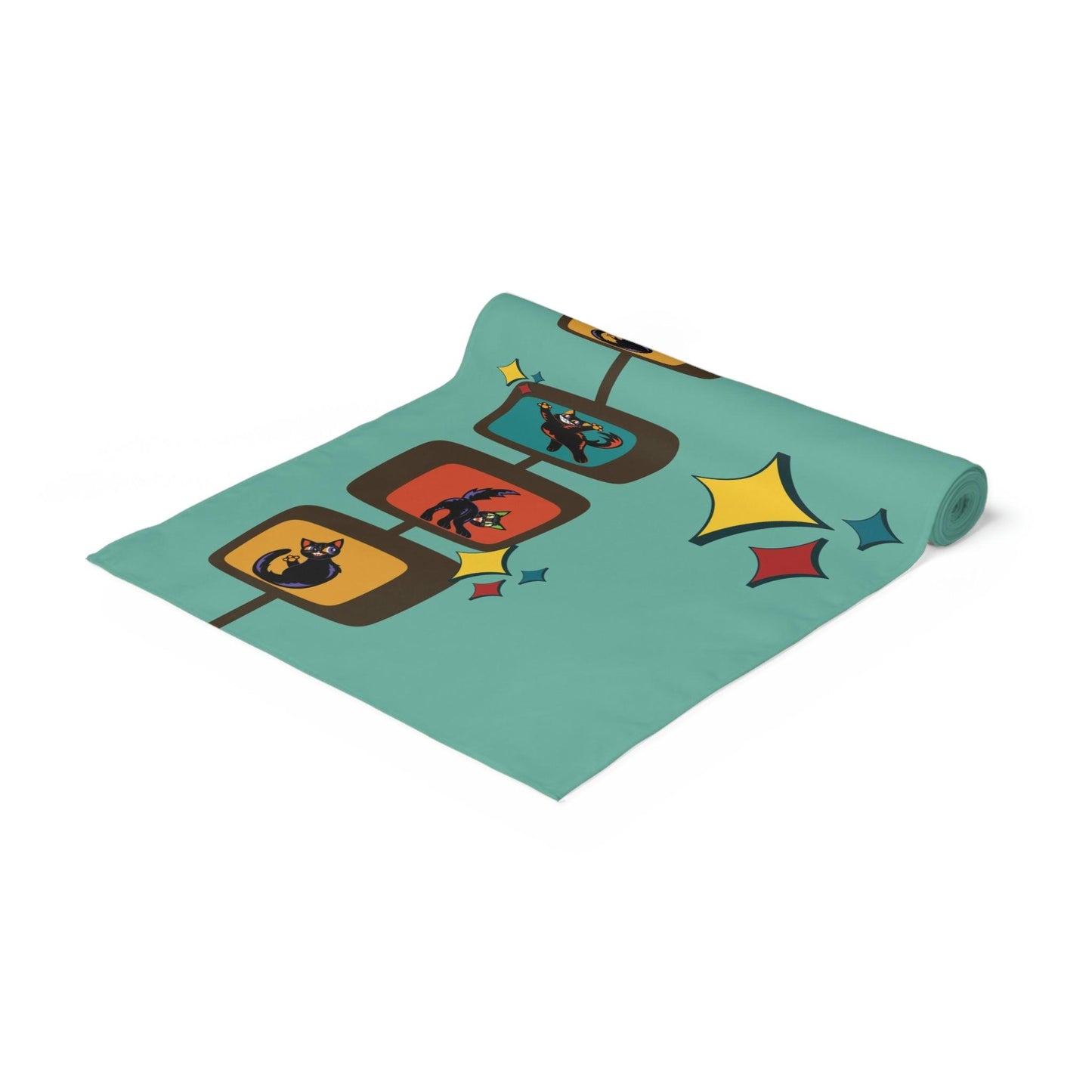 Retro Kitsch Cats Mid Century Mod Blue Table Runner | lovevisionkarma.com