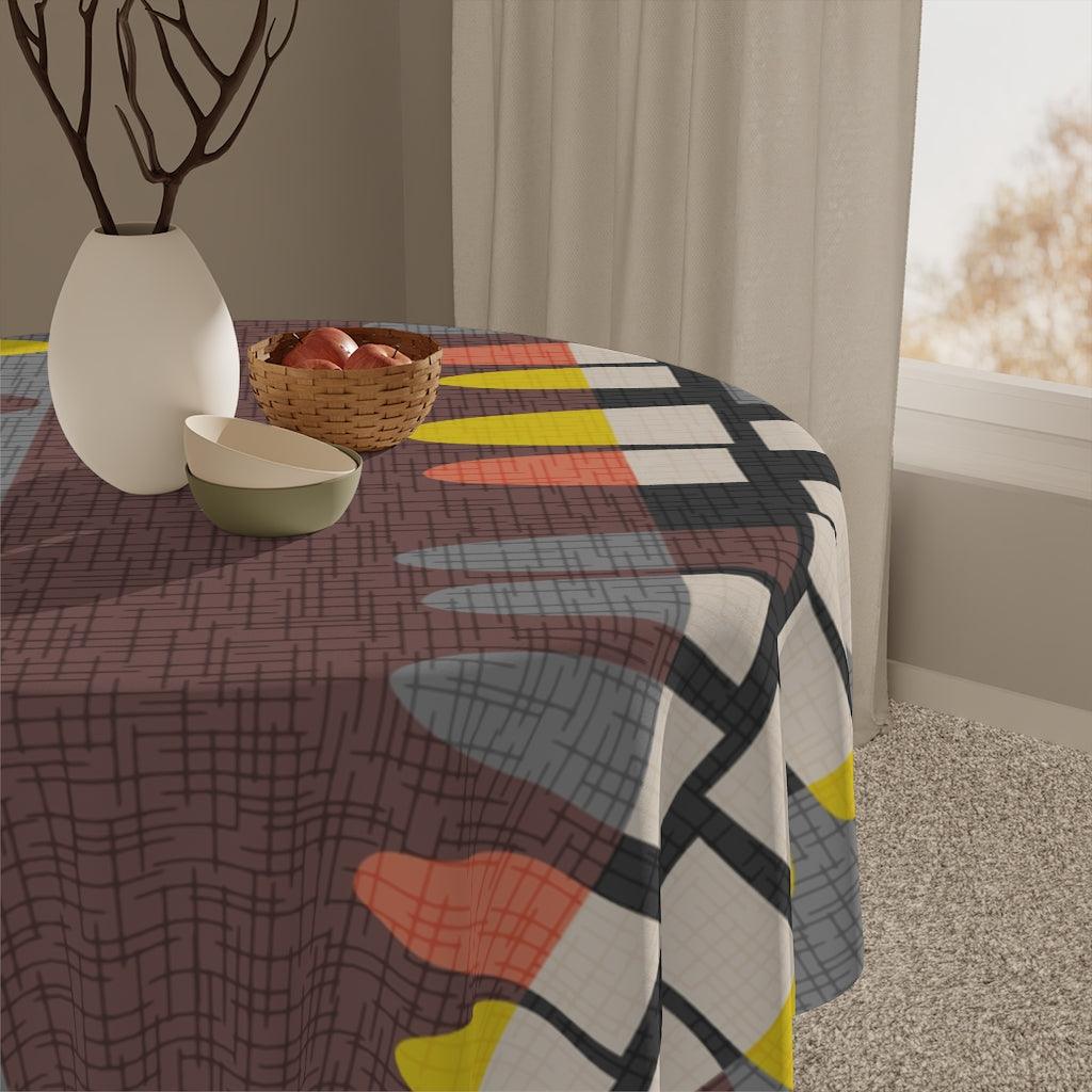 Retro MCM Abstract Brown, Gray, Yellow and Orange Tablecloth | lovevisionkarma.com