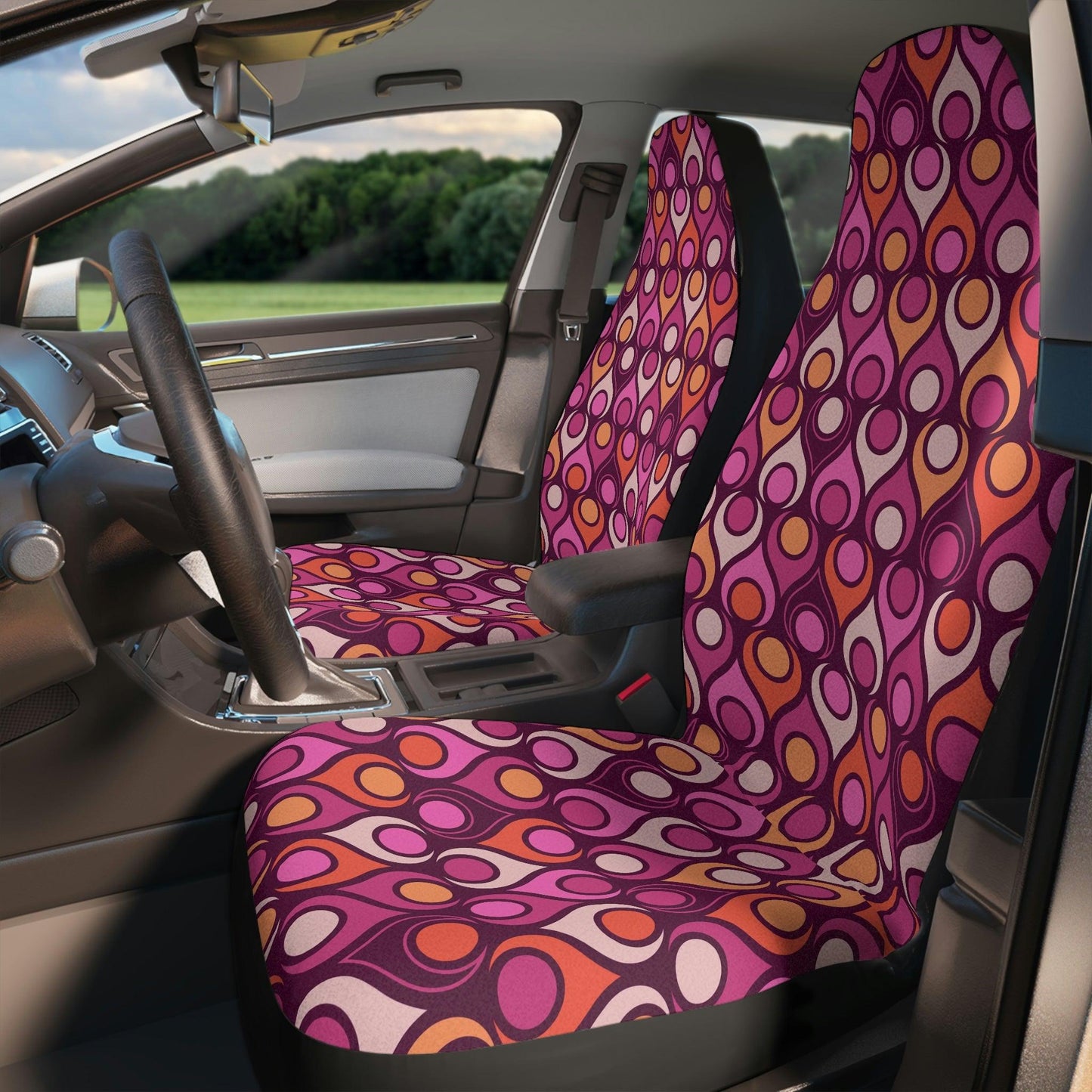Retro Mod, Groovy Geometric Purple Magenta and Orange MCM Car Seat Covers | lovevisionkarma.com