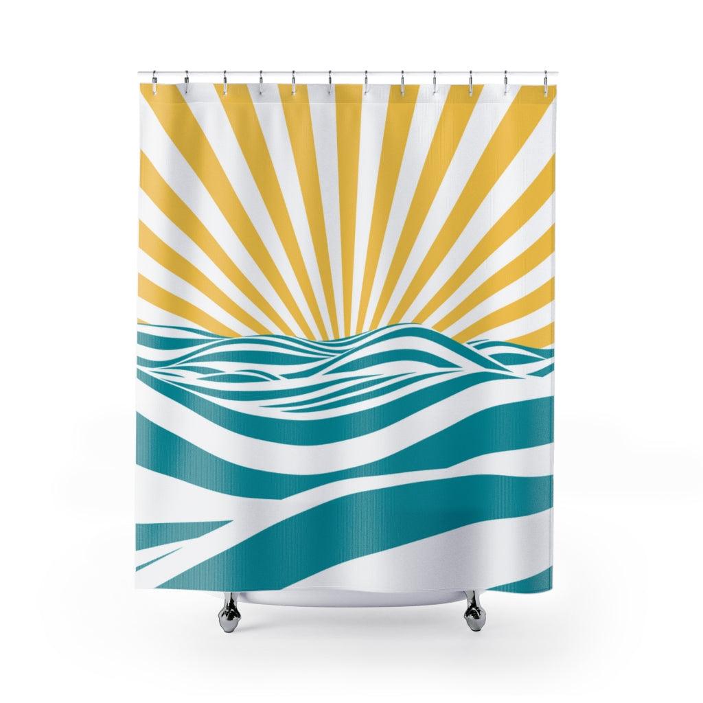 Minimalist Boho Sunrise Yellow, White & Blue MCM Shower Curtain | lovevisionkarma.com