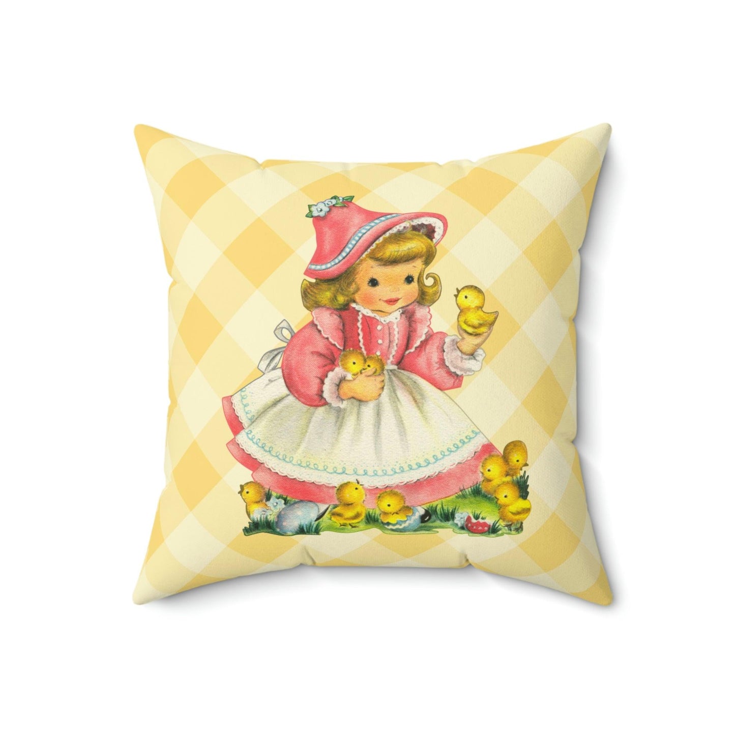 Retro Easter Vintage Girl with Chicks MCM Yellow Pillow | lovevisionkarma.com
