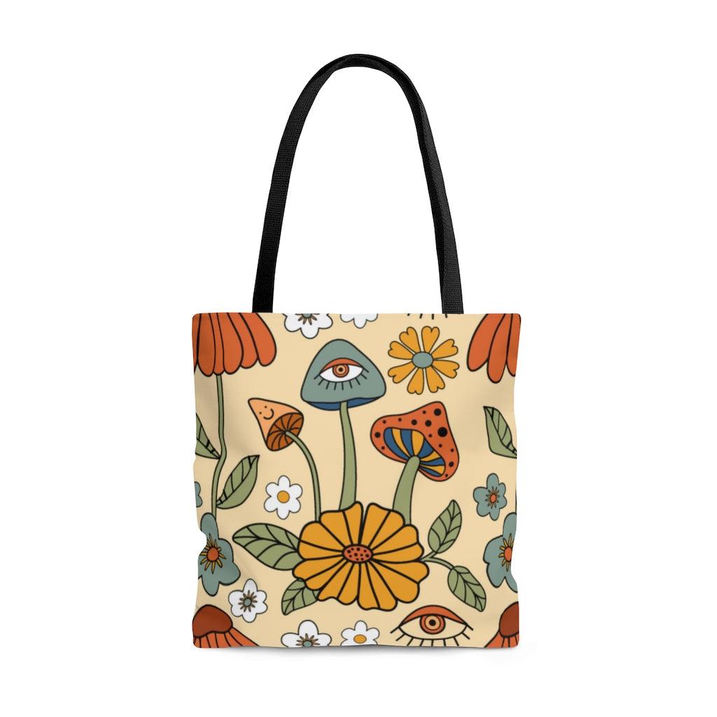 Retro Trippy Mushroom Hippie Flower Tote Bag | lovevisionkarma.com