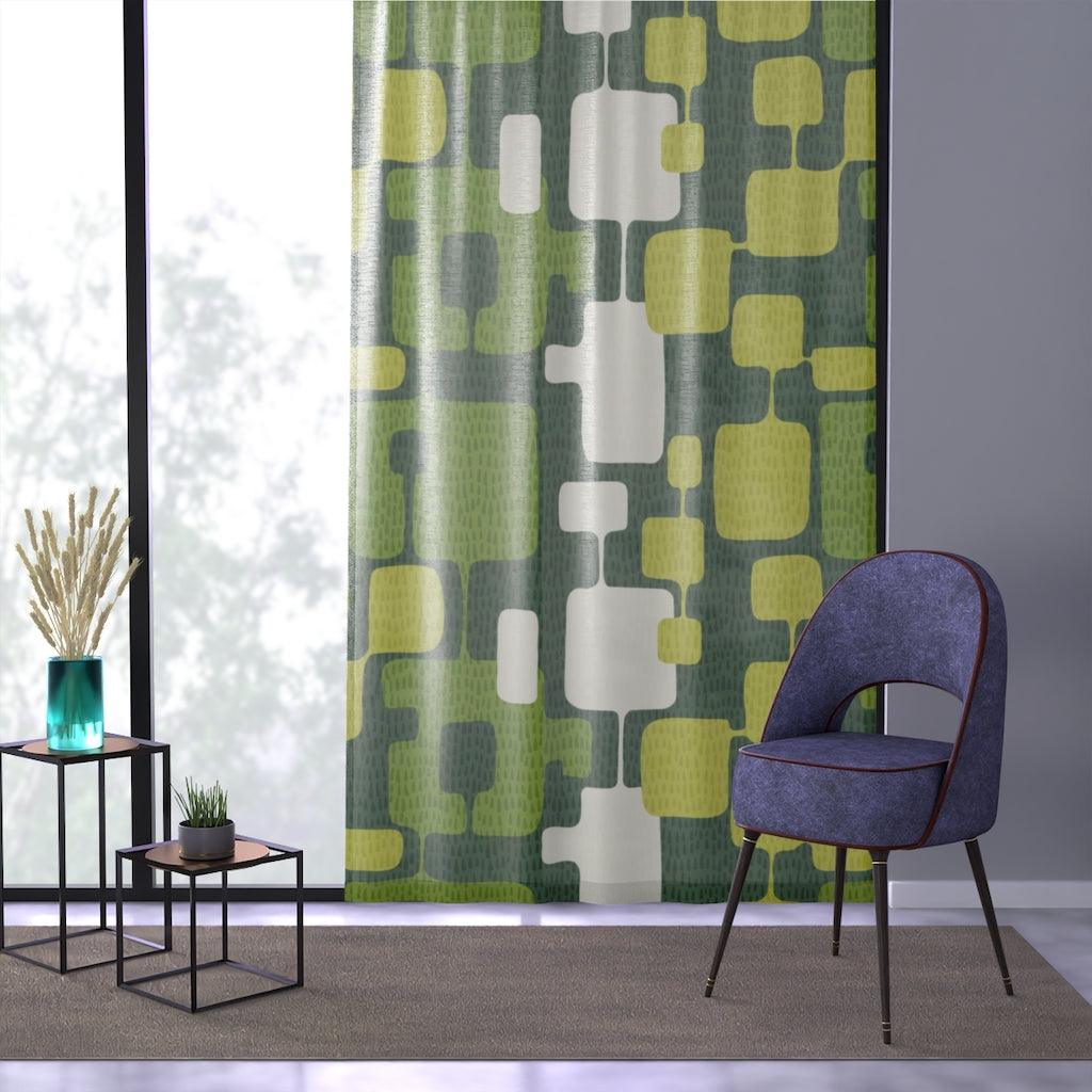 Retro Mid Century Mod Abstract Green Sheer Window Curtain | lovevisionkarma.com