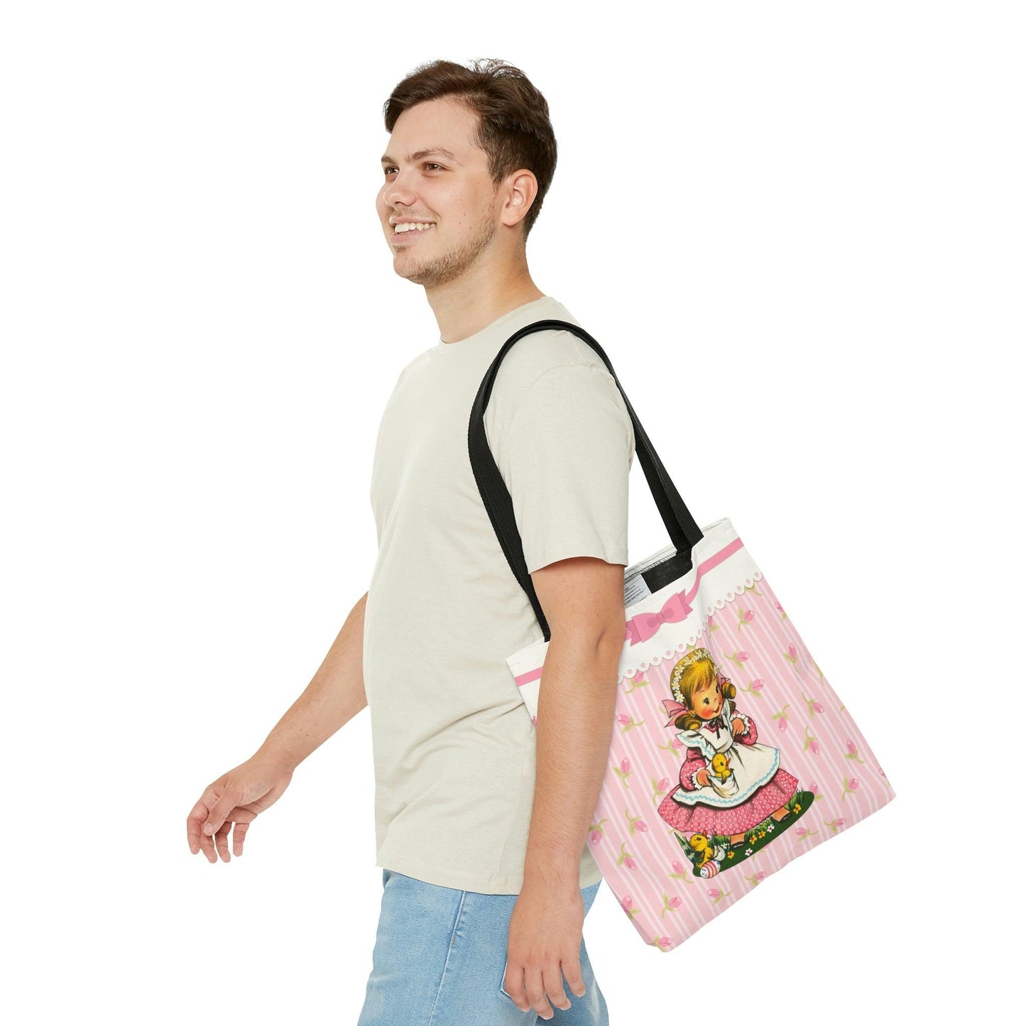 Vintage Kitsch Girl with Chicks MCM Easter Pink Tote Bag | lovevisionkarma.com
