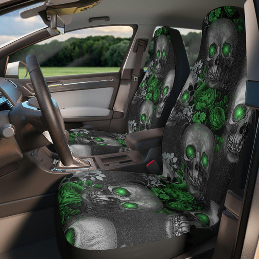 Gothic Skulls with Green Eyes and Florals Glam Goth Car Seat Covers | lovevisionkarma.com