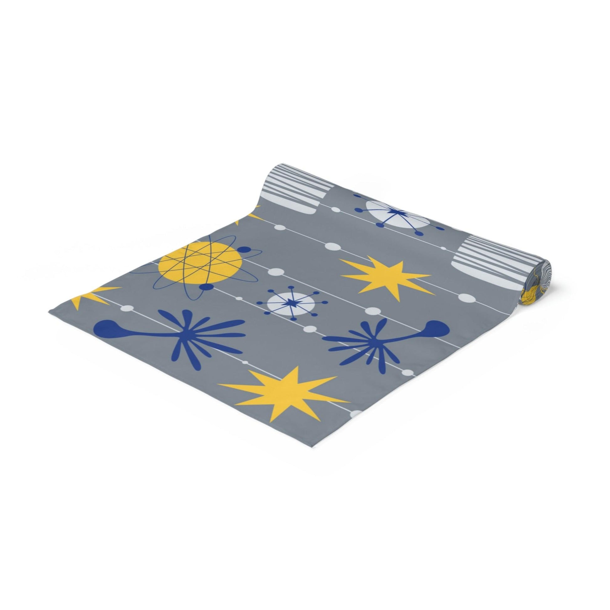 Retro Atomic Space Age Mid Century Blue, Gray & Yellow Table Runner | lovevisionkarma.com