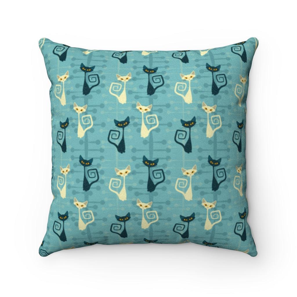 Atomic Kitty Retro MCM Blue Throw Pillow | lovevisionkarma.com