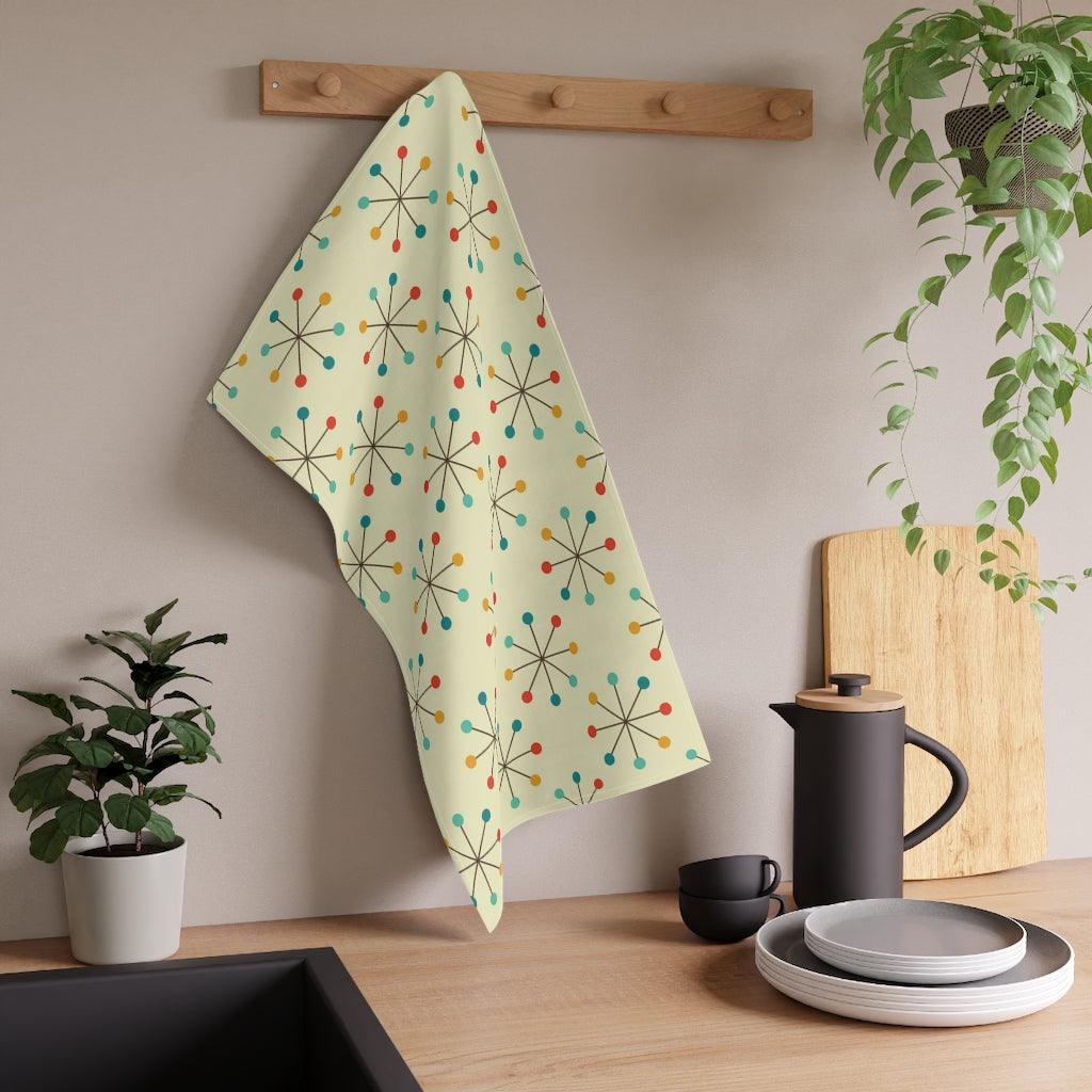 Retro 50's Atomic Starburst Orange, Teal & Cream MCM Kitchen Towel | lovevisionkarma.com