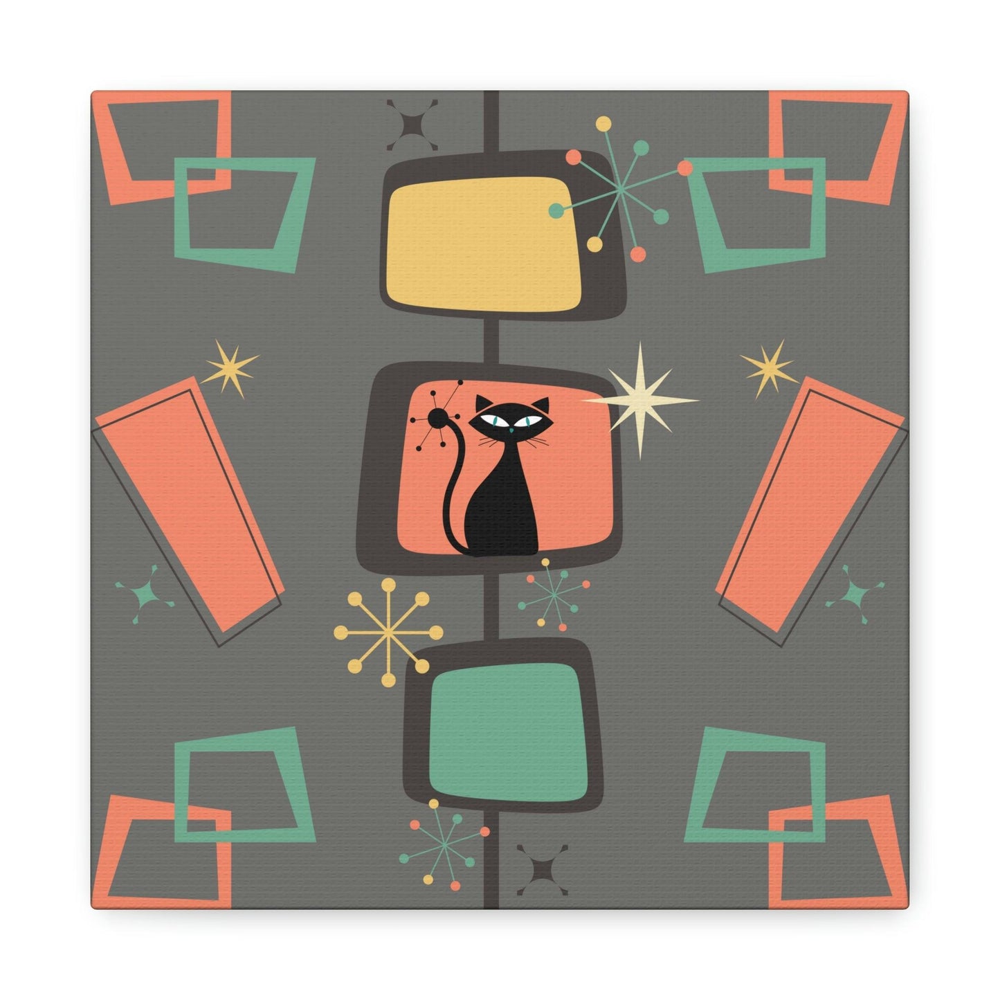 Retro Atomic Cat Mid Century Burst Chic Coral & Gray Canvas Gallery Wrap | lovevisionkarma.com