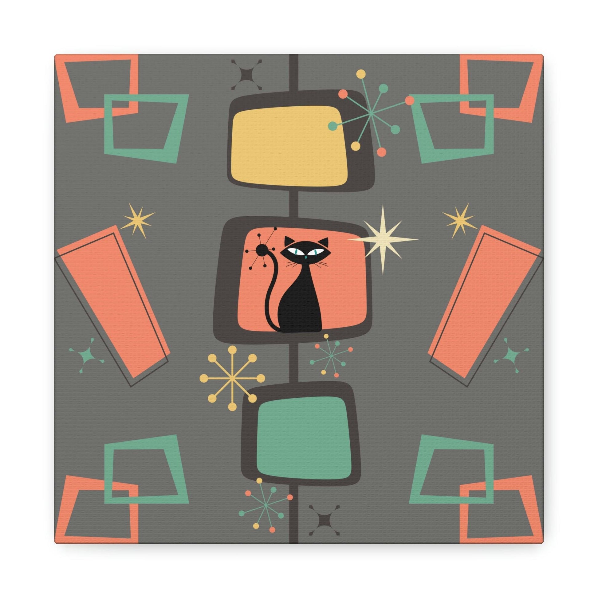 Retro Atomic Cat Mid Century Burst Chic Coral & Gray Canvas Gallery Wrap | lovevisionkarma.com