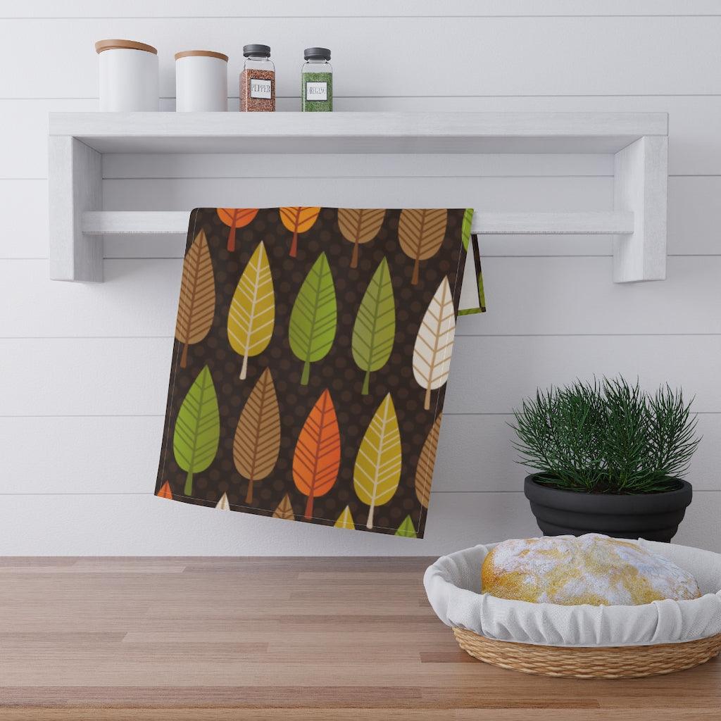 Retro Leaves MCM Brown, Orange & Green Cotton Kitchen Towel | lovevisionkarma.com