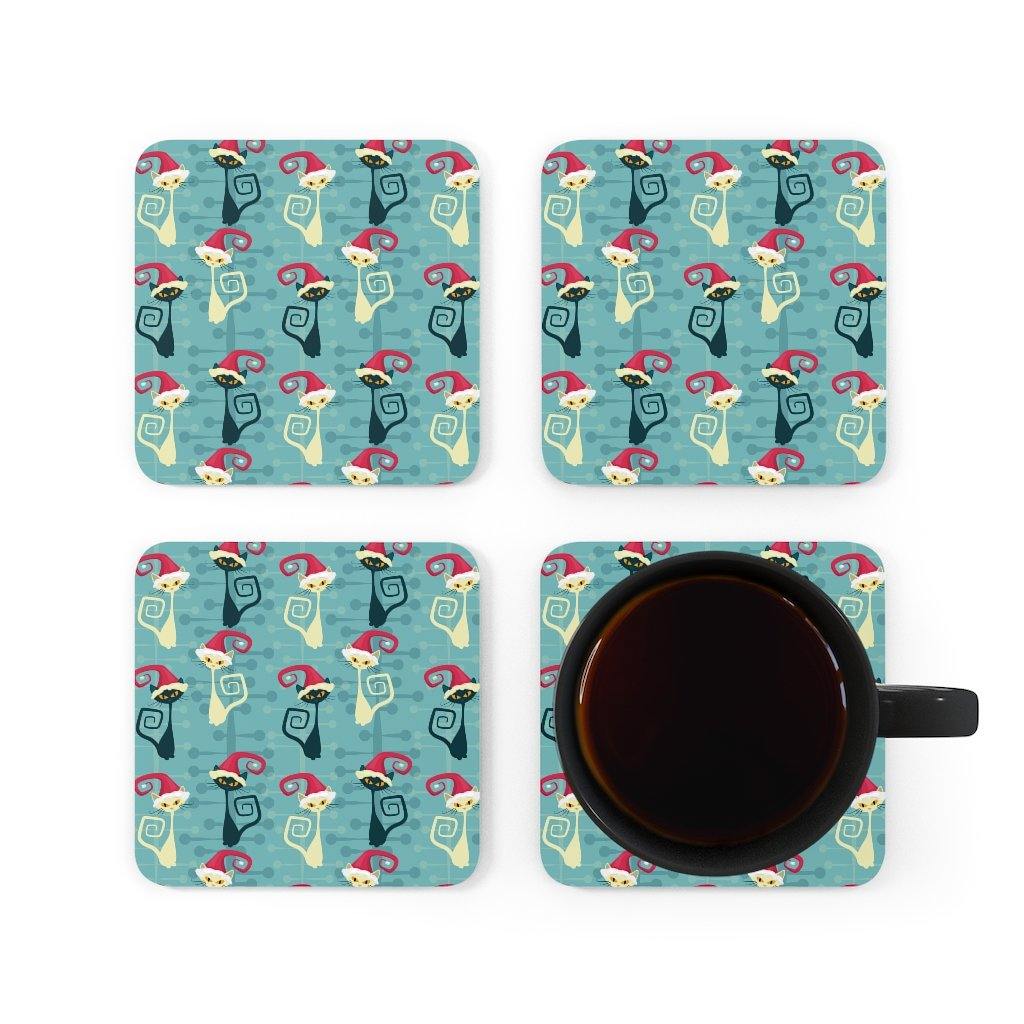 Retro Atomic MCM Christmas Cat Blue Coaster Set | lovevisionkarma.com